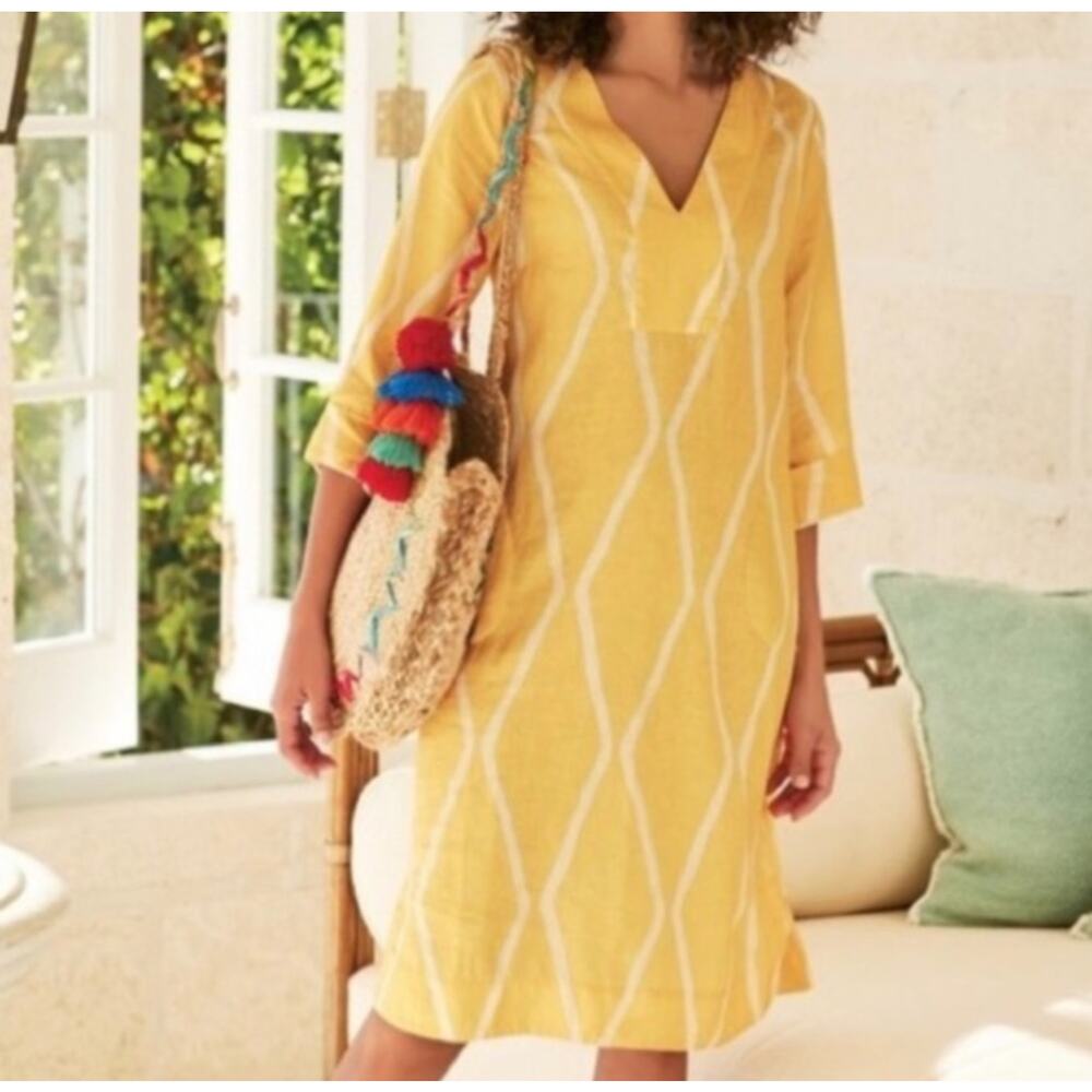 Soft Surroundings Women's 100% Linen Zarina Shift Dress White Yellow Size PS